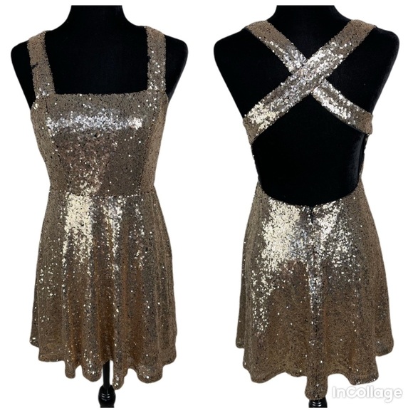 Charlotte Russe Gold Sequin Skater Dress open back Fit and Flare Size Medium - Picture 1 of 16